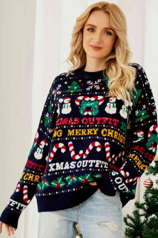 Sparking Xmas Bold Colorful Knit Round Neck Christmas Holiday Oversized Sweater Mesh Fabric Canvas Fabric Denim Fabric