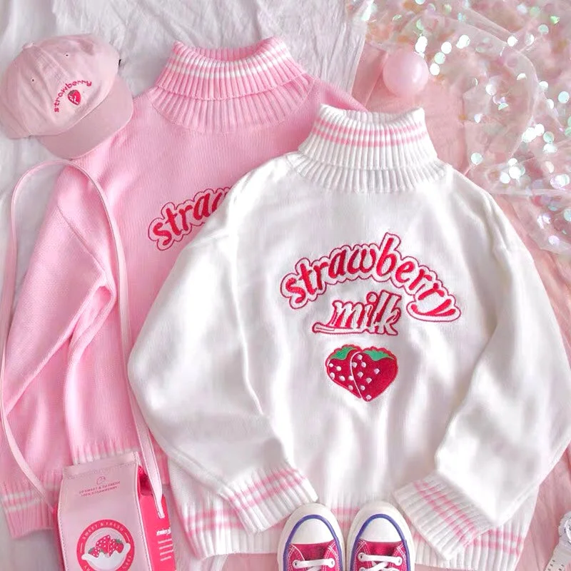Pink and White Strawberry Milk Turtle Neck Sweater Jumper Mesh Sweater Canvas Denim