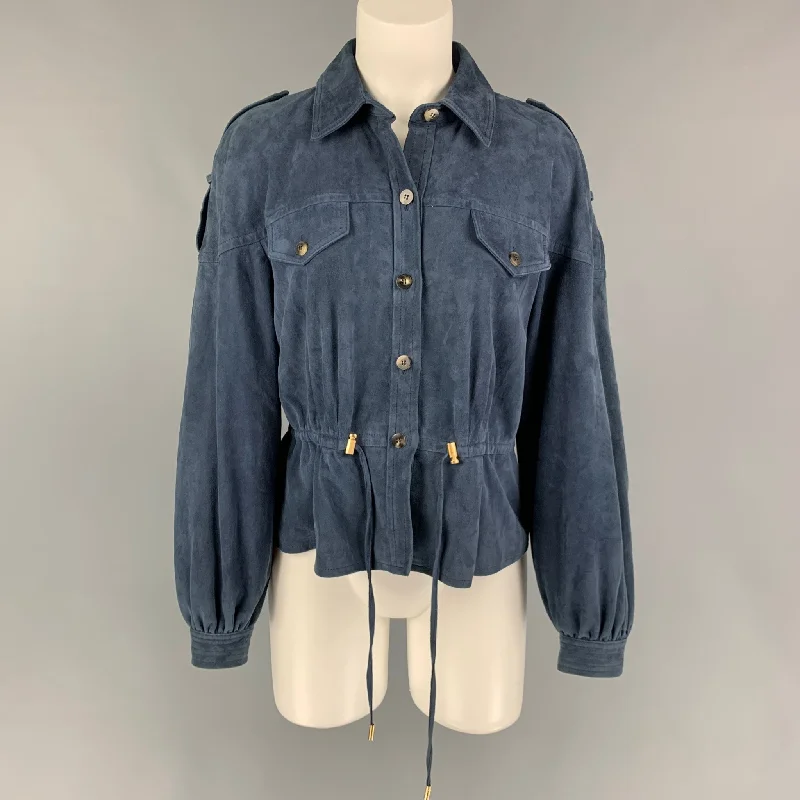 DIANE VON FURSTENBERG Size 6 Blue Suede Jacket Fitted Jacket Loose Jacket Oversized Jacket