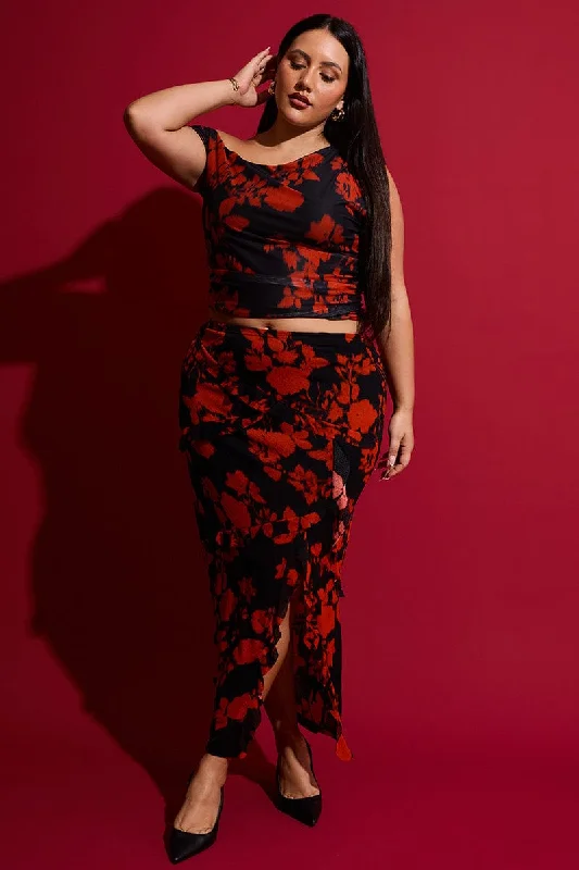 Red Abstract Stretch Frill Printed Maxi Skirt wool skirt warm