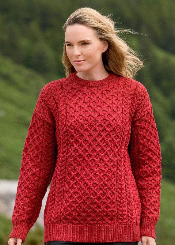 Aran Crew Neck Merino Sweater | Cherry Handmade Hand-knitted Hand-woven