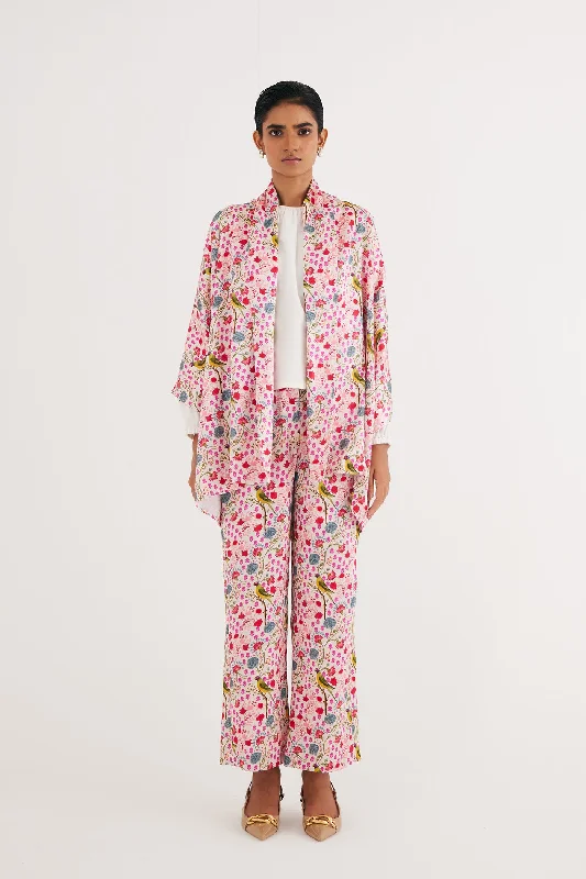 White Parrot Print Mashroo Satin Cape, Straight Pants and White Top Set Relaxed Lounge Trousers White Parrot Print Mashroo Satin Cape, Straight Pants and White Top Set Relaxed Lounge Trousers