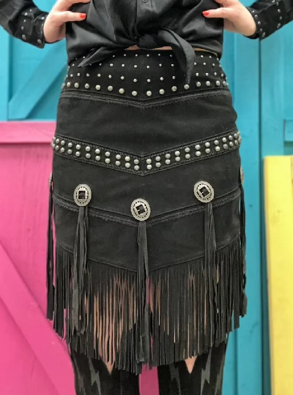 Scully Women's Black Suede Leather Concho and Stud Fringed Skirt  L1106 silk skirt lustrous