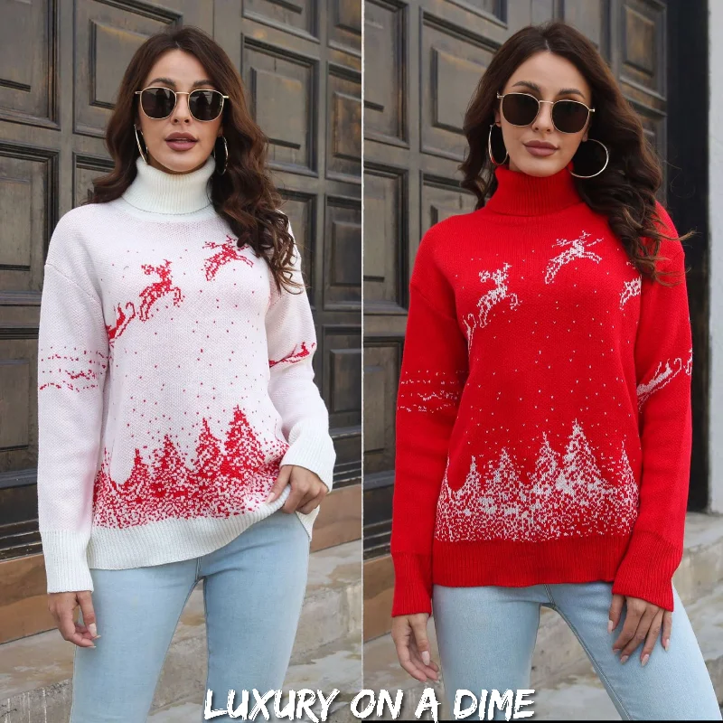 Knit Turtleneck Santa Reindeer Classy Winter Christmas Scene Chic Sweater Machine Wash Dry Clean Hand Wash