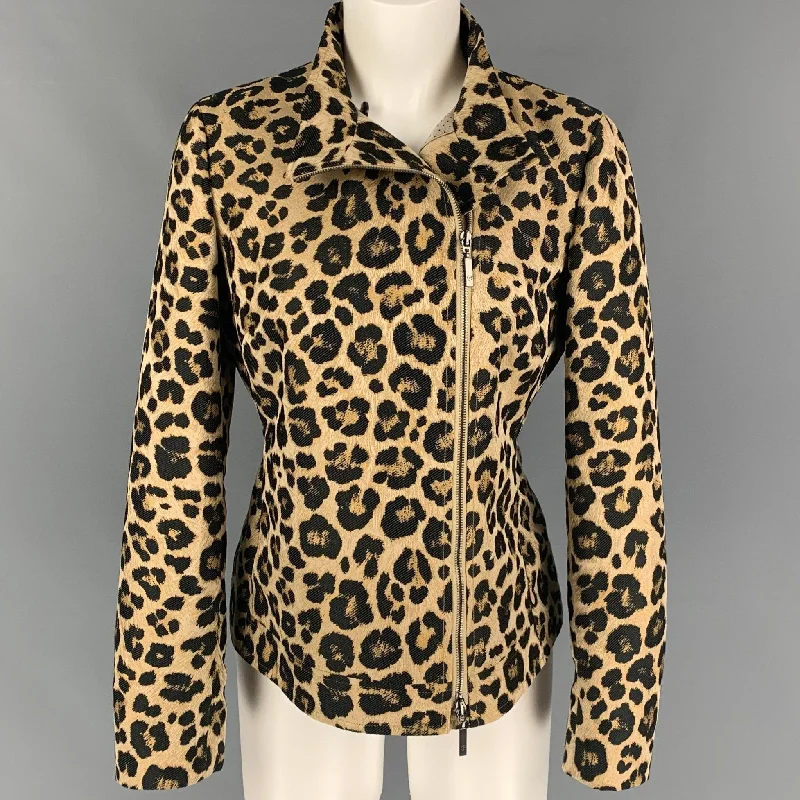 GIORGIO ARMANI Size 6 Tan Black Polyester Animal Print Jacket Quilted Jacket Puffer Jacket Insulated Jacket