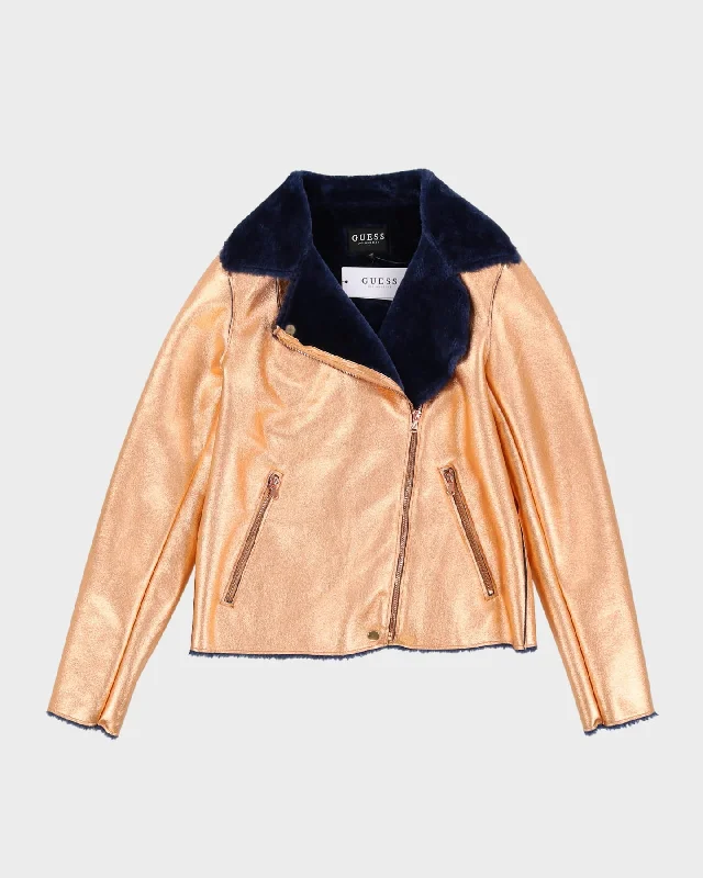 Y2K Guess Copper Metallic With Faux Fur Jacket - S / XS Hooded Jacket Caped Jacket Shawl Collar Jacket