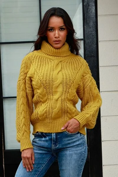 Cable-Knit Turtleneck Long Sleeve Sweater Toggled Drawstring Belted