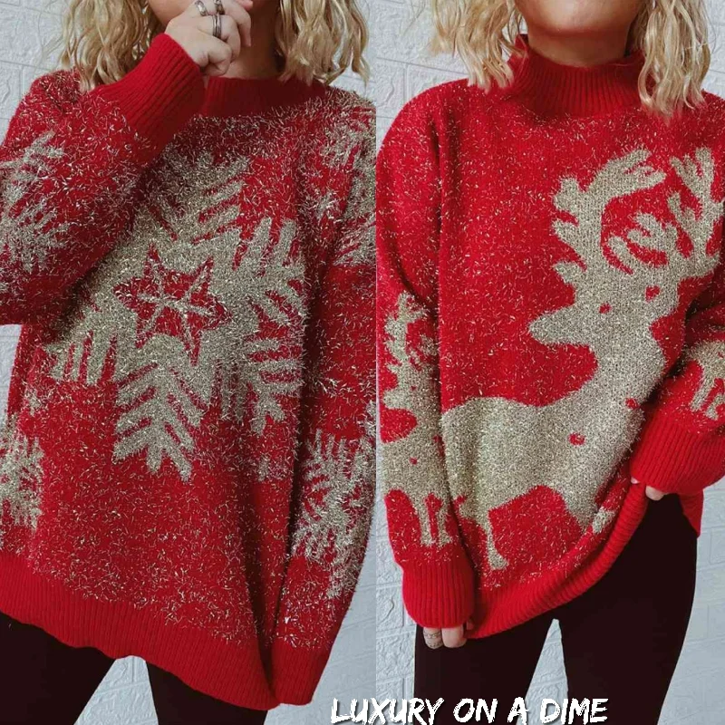Fuzzy Red Gold Bold Knit Round Neck Classy Holiday Christmas Winter Sweater Chenille Blend Fleece Blend Nylon Blend