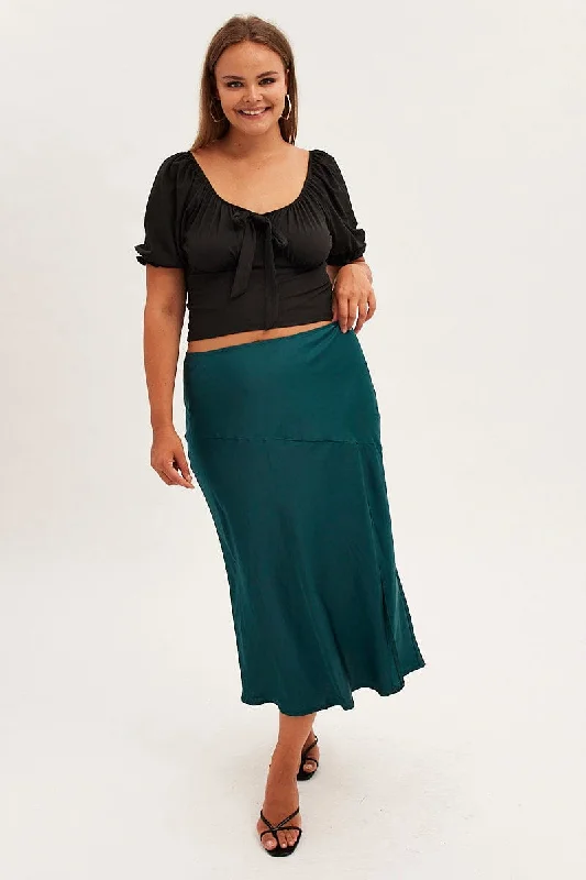 Green Midi Skirt High Waist Split Satin denim skirt classic