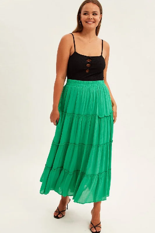 Green Tiered Maxi Skirt leather skirt bold