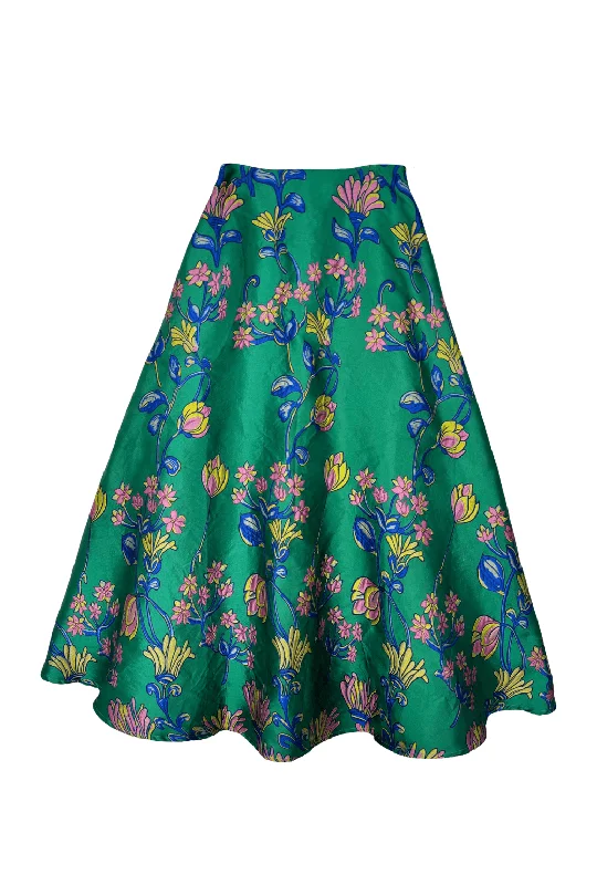 The Laura Skirt - Green and Pink Floral Jacquard button skirt front