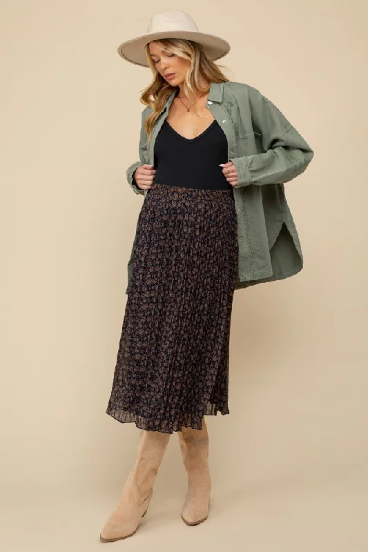 Navy Blue Floral Print Chiffon Pleated Maternity Midi Skirt chiffon skirt airy