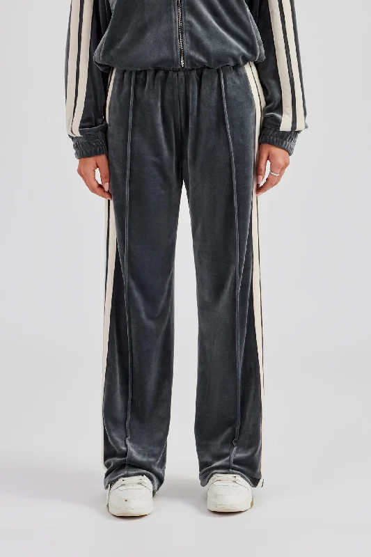 Taping Wide Leg Velour Track Pant - Grey Stretch Fit Pants