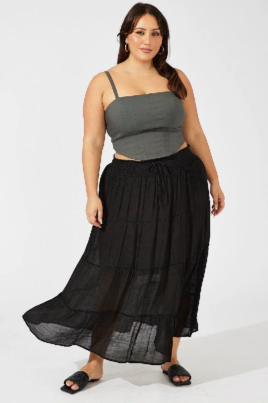 Black Shirred Waist Tie Maxi Skirt pencil skirt chic