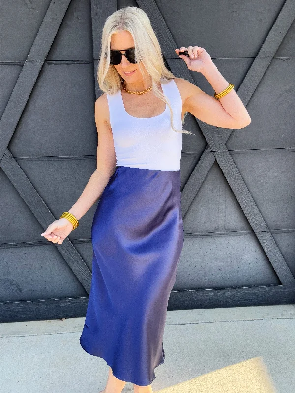 High Waisted Satin Midi Skirt In Indigo Blue slim fit skirt