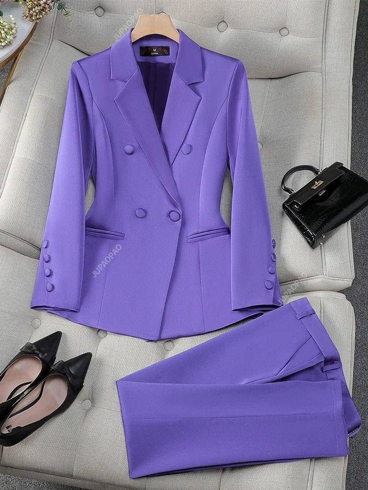 Fashion Office Ladies Formal Pant Suit Set Women Blue Pink Yellow Female Business Work Wear 2 Piece Blazer Jacket And Trouser Notch Collar Peter Pan Collar Cowl Neck