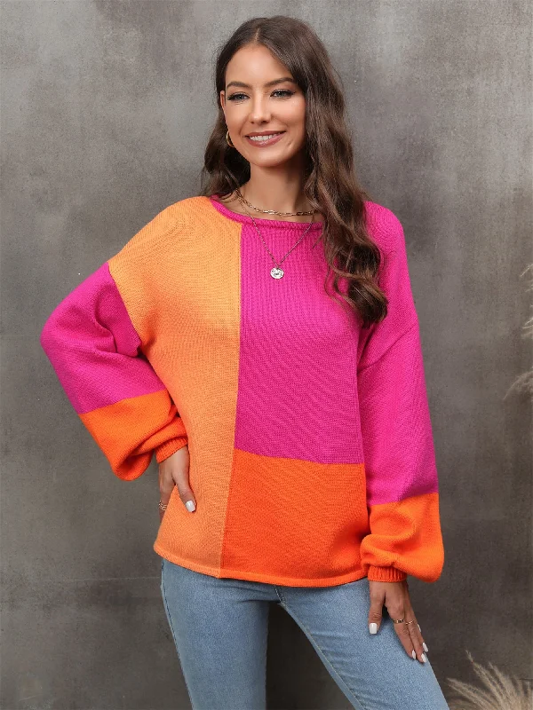 Color Block Round Neck Dropped Shoulder Sweater Print Jacquard Patchwork