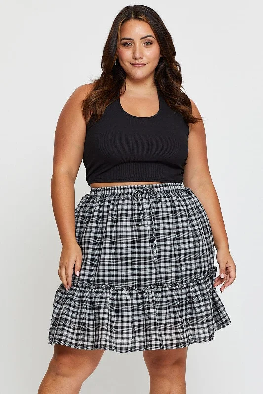 Check Mini Skater Skirt Elastic Waist velvet skirt glossy