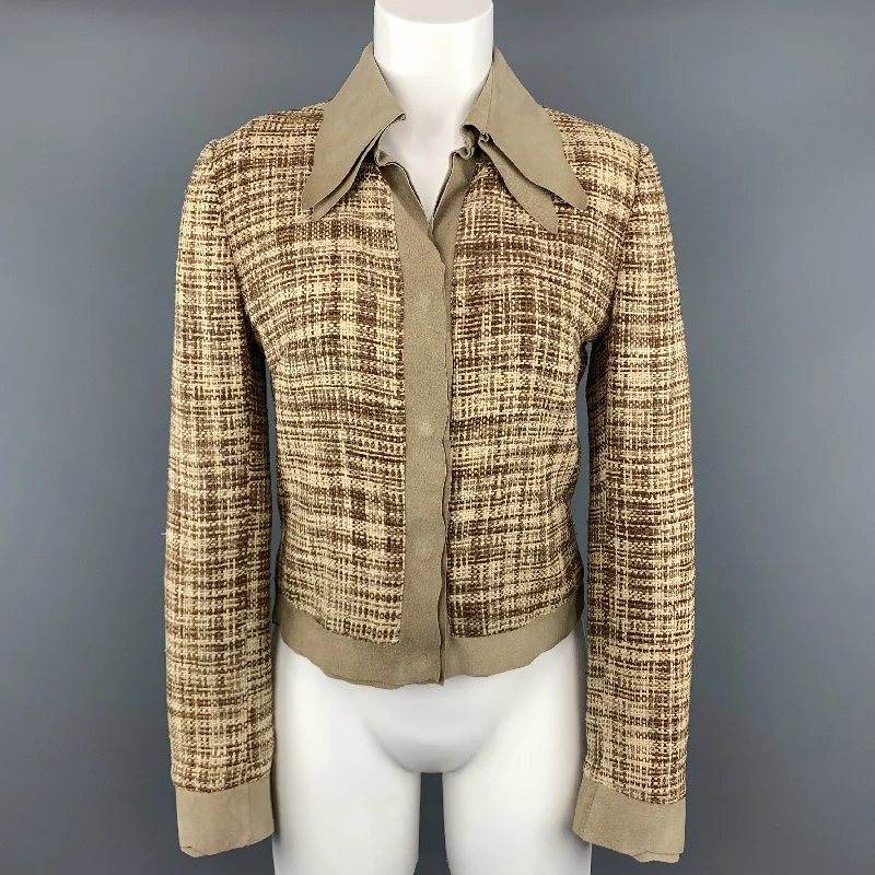 DOLCE & GABBANA Size 8 Beige & Brown Woven Silk Leather Trim Jacket Mesh Jacket Canvas Jacket Denim Jacket DOLCE & GABBANA Size 8 Beige & Brown Woven Silk Leather Trim Jacket Mesh Jacket Canvas Jacket Denim Jacket