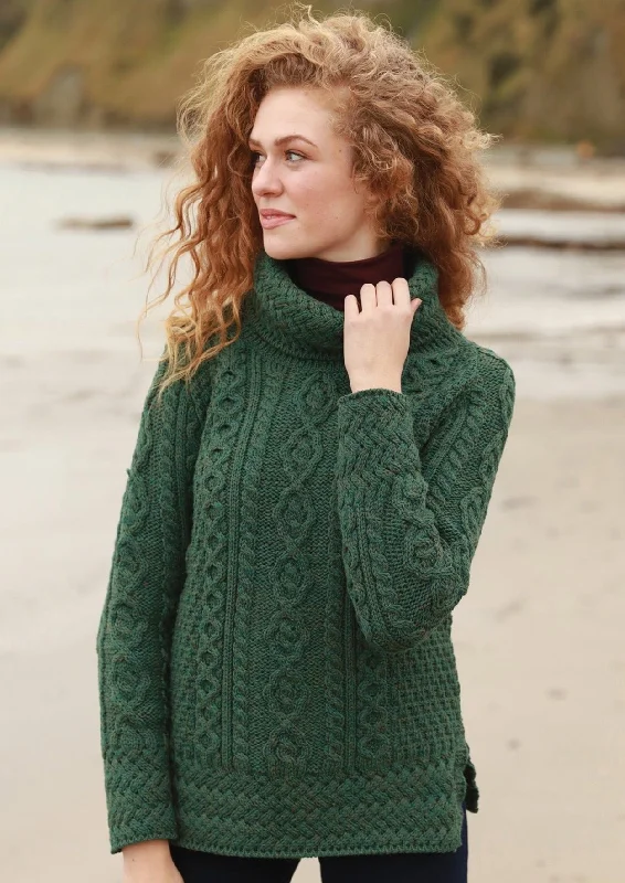 Belcare Ladies Aran Roll Neck Sweater | Connemara Green Solid Color Striped Floral Print Belcare Ladies Aran Roll Neck Sweater | Connemara Green Solid Color Striped Floral Print