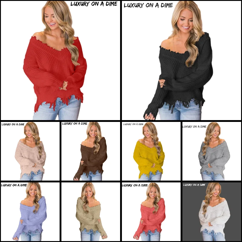 Distressed Raw Hem Off Shoulder Wide Neck Long Sleeve Waffle Knit Sweater Shirt Cable Knit Ribbed Knit Lace Knit
