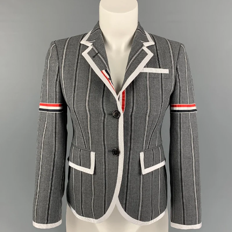 THOM BROWNE Size 2 Gray Charcoal Wool Stripe Cropped Jacket Ribbed Jacket Pleated Jacket Ruffled Jacket