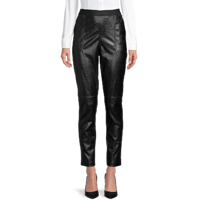 Karl Lagerfeld Paris Logo Croc-Embossed Texture Ankle Pants - Black Elegant Palazzo Trousers