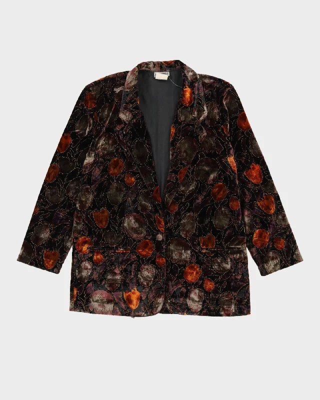 Black Floral Patterned Velvet Jacket - L Fleece Jacket Down Jacket Parka