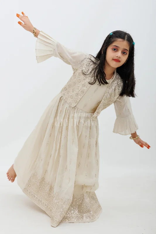 Cream Shimmer Tissue Viscose Silk Designer Gown with Embroidered Jacket Stand-Up Collar Roll-Neck Collar Turtle Neck Cream Shimmer Tissue Viscose Silk Designer Gown with Embroidered Jacket Stand-Up Collar Roll-Neck Collar Turtle Neck
