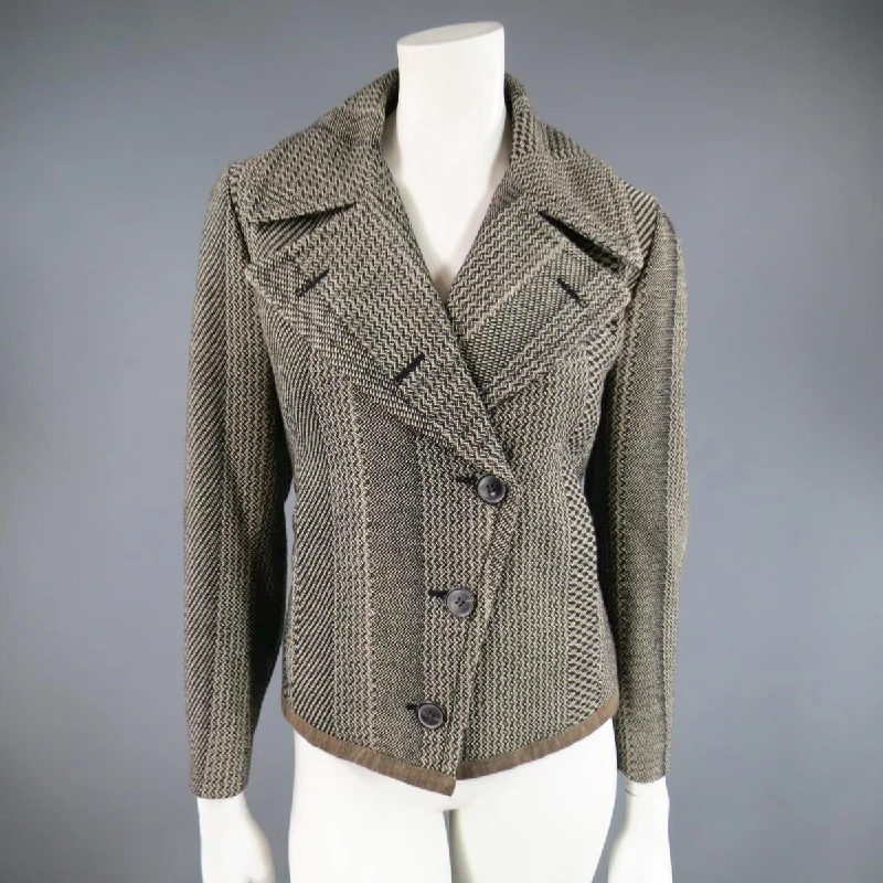 DRIES VAN NOTEN Size 8 Beige & Black Print Wool Pointed Lapel Jacket Plaid Jacket Tartan Jacket Houndstooth Jacket
