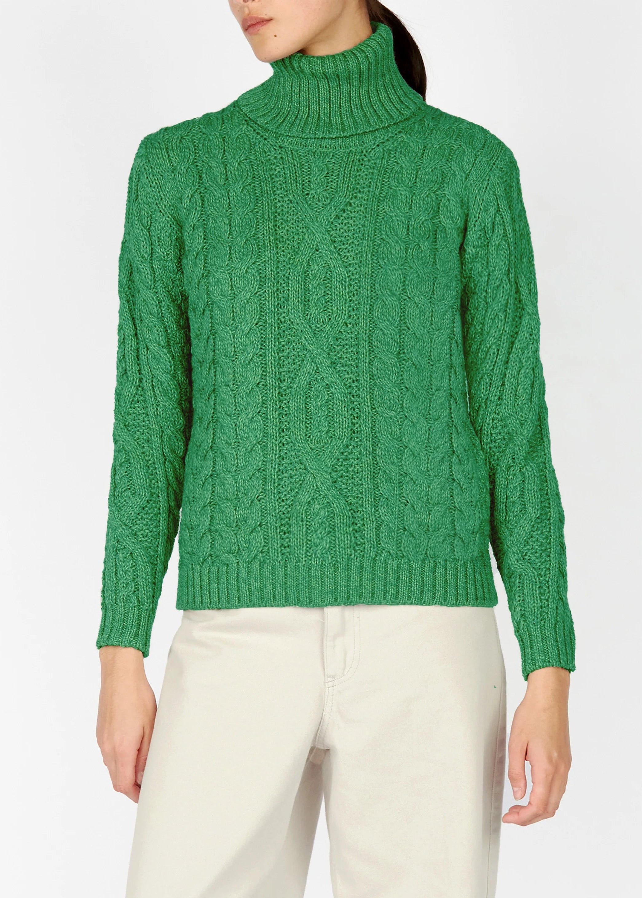 IrelandsEye Polo Neck Aran Sweater | Green Marl Slim Fit Regular Fit Oversized