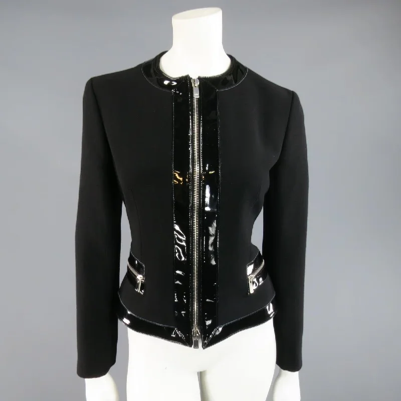 MICHAEL KORS Size 8 Black Virgin Wool & Patent Leather Zip Jacket Fitted Jacket Loose Jacket Oversized Jacket MICHAEL KORS Size 8 Black Virgin Wool & Patent Leather Zip Jacket Fitted Jacket Loose Jacket Oversized Jacket