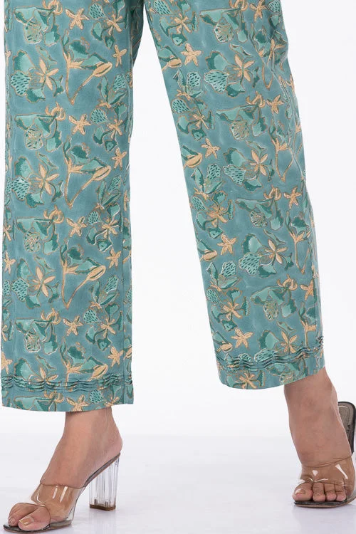 Dharan "Gulista Straight Pant" Green Block Printed Pants Soft Stretch Trousers