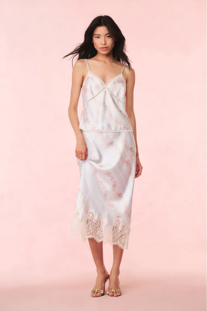 Malina Satin Floral Midi Slip Skirt ribbed skirt waist