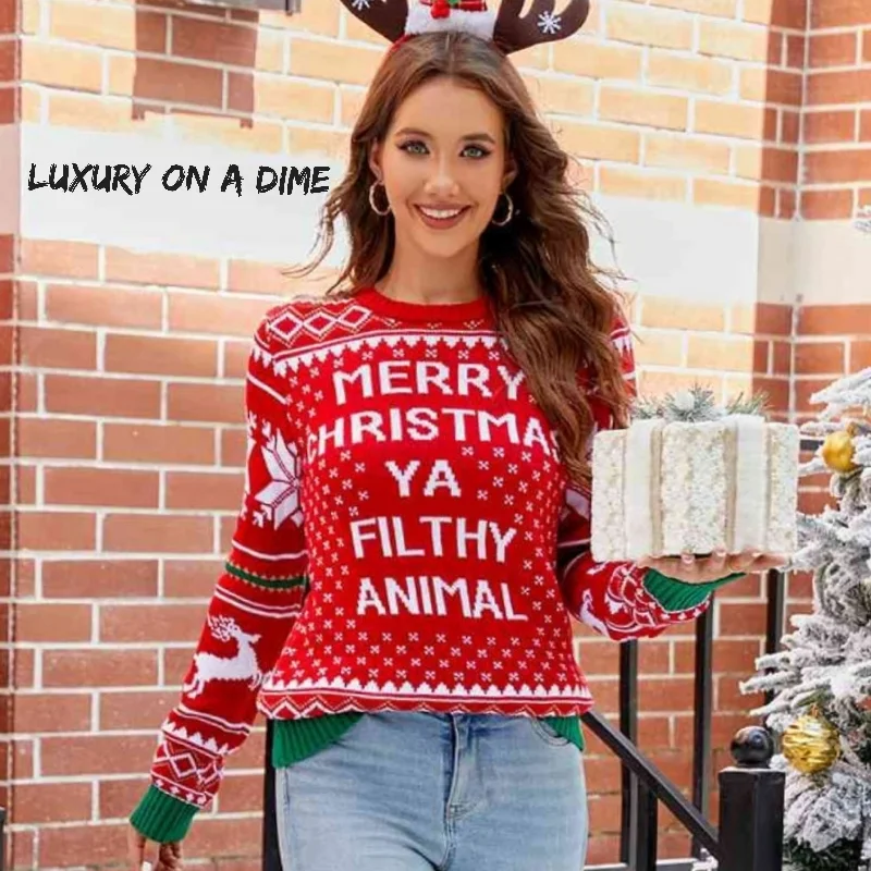 Merry Christmas Ya Filthy Animal Funny Home Retro Movie Knit Sweater Chenille Brocade Lace