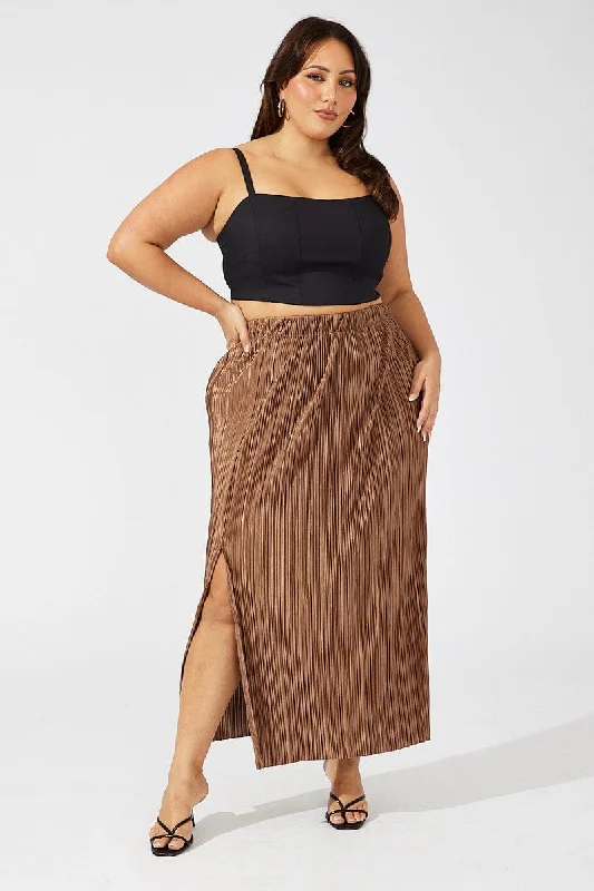 Brown Midi Skirt Side Split Plisse patchwork skirt art