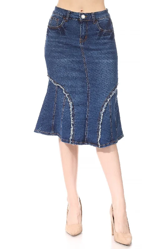 Middle  Length Stretch Denim Frayed Mermaid A-Line Skirt (77932-SKT) elastic waist skirt