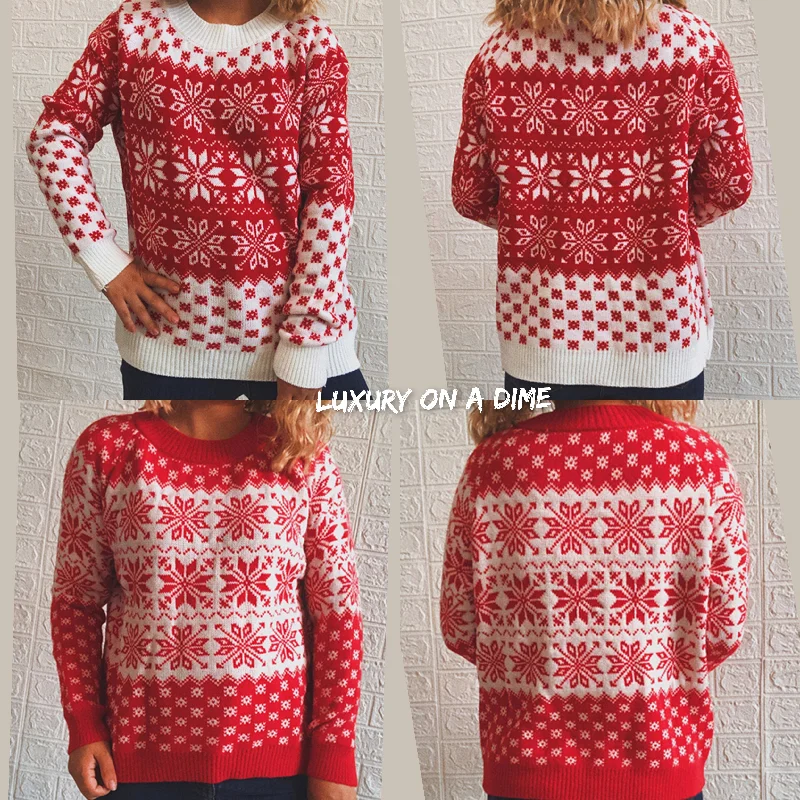 Fair Isle Color Contrast Winter Snowflake Long Sleeve Minimalist Sweater Modern Contemporary Chic