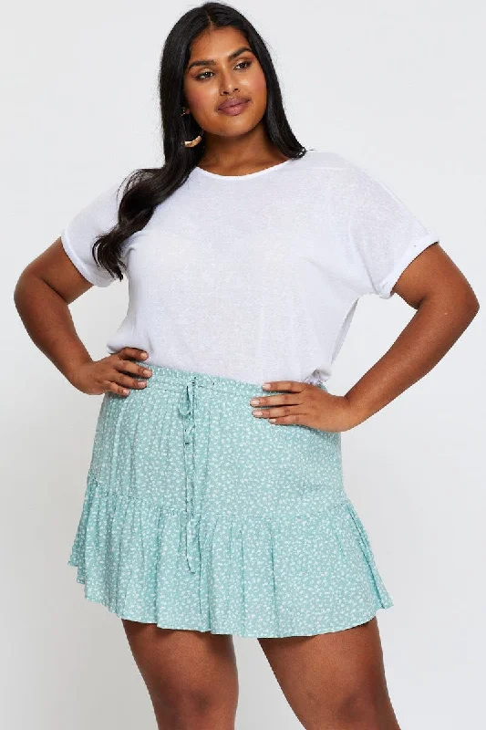 Floral Print Mini Skater Skirt Elastic Waist ribbed skirt waist