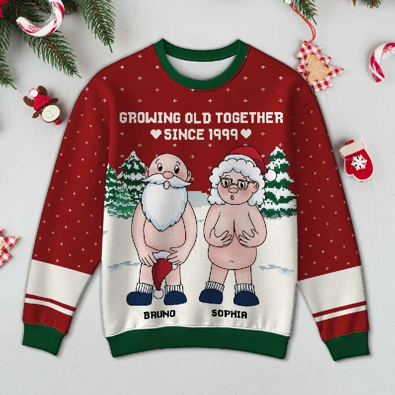 Funny Old Couple Growing Old Together Personalized Faux Knitting Ugly Sweater Spandex Blend Rayon Blend Denim Blend