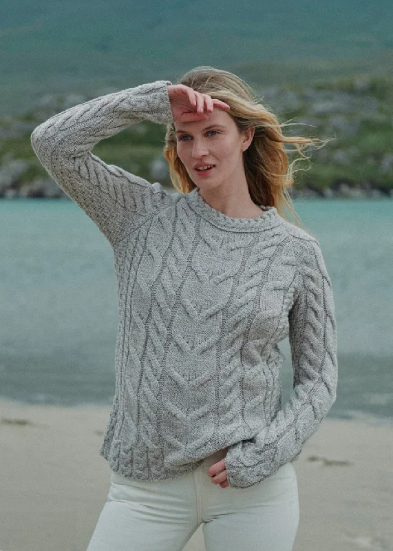 Listowel Ladies Aran Cabled Sweater | Oatmeal Glossy Satin Silk