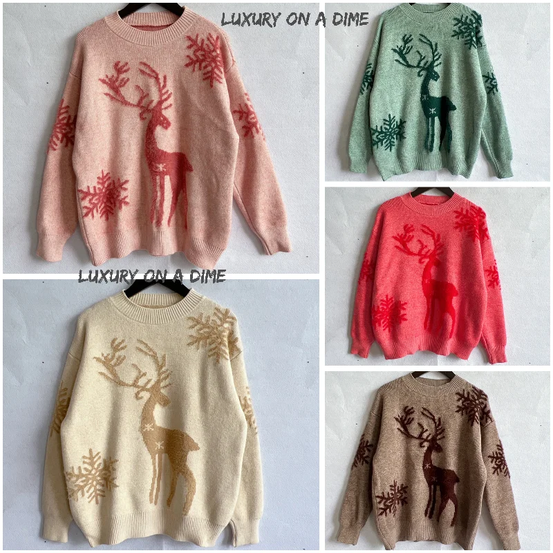 Fuzzy Reindeer Snowflake Knit Round Neck Winter Soft Print Sweater Front Pockets Side Pockets Patch Pockets