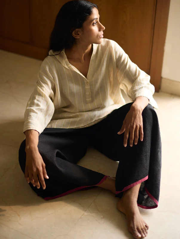 Kiku Striped Linen Top with Black Linen Pants Stylish Elastic Waist Pants