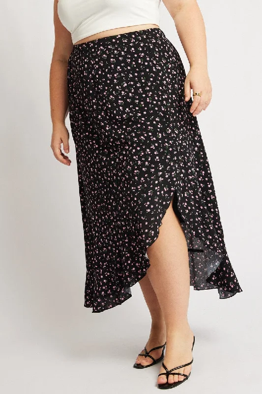 Black Ditsy Frill Maxi Skirt denim skirt trendy