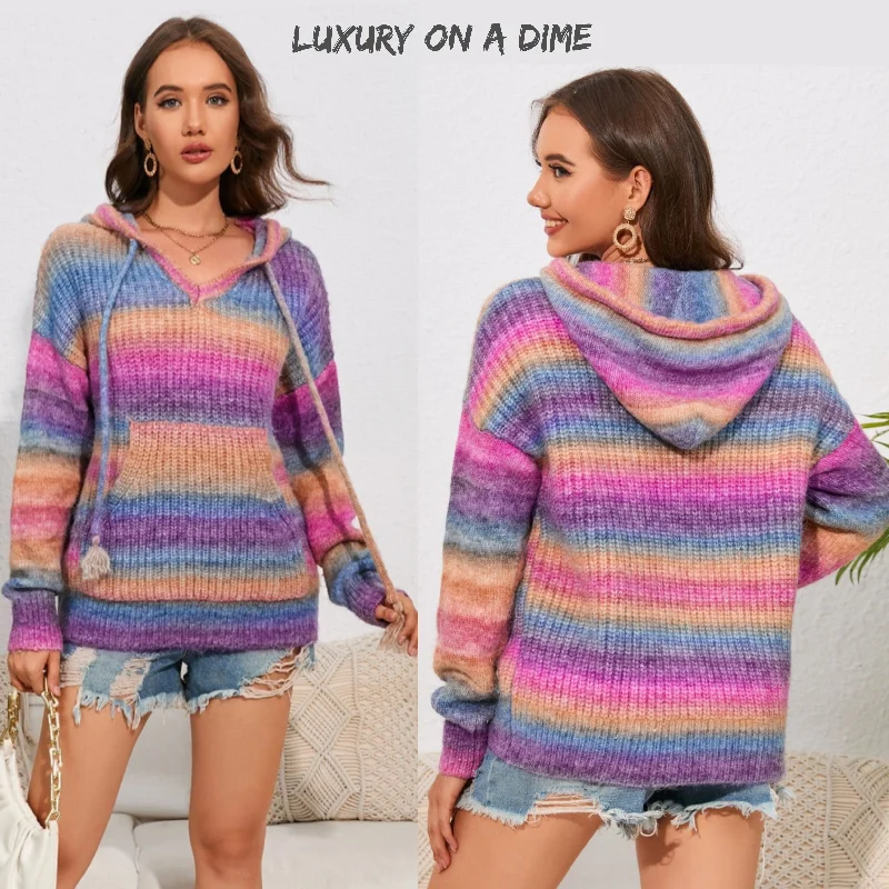 Bright Wool Blend Knit Colorful Stripe Hoodie Kangaroo Pocket Sweater Shirt Wool Fabric Cashmere Fabric Tweed Fabric