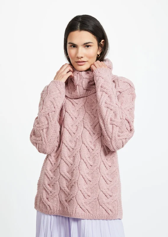 Aran Cowl Neck Chunky Sweater | Pink Graphic Sweater Embroidered Appliqued