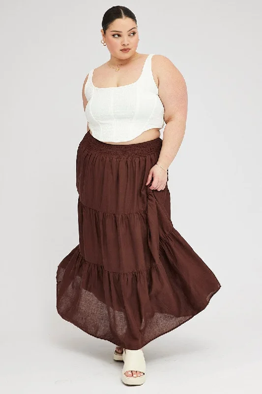 Brown Maxi Skirt Shirred Waist Tiered denim skirt stylish
