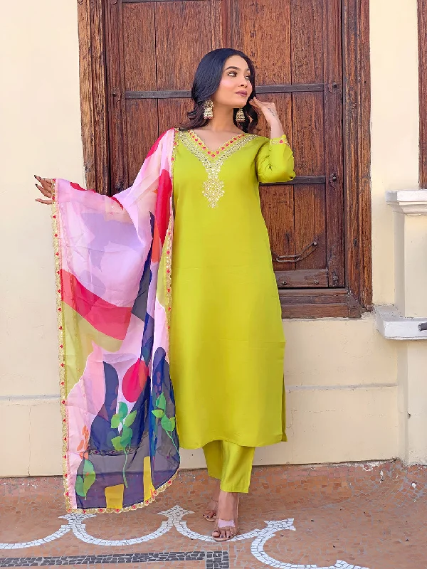 Lemon Attractive Looking Pant Suit With Designer Embroidery Printed Work Trendy Wide-Legged Trousers