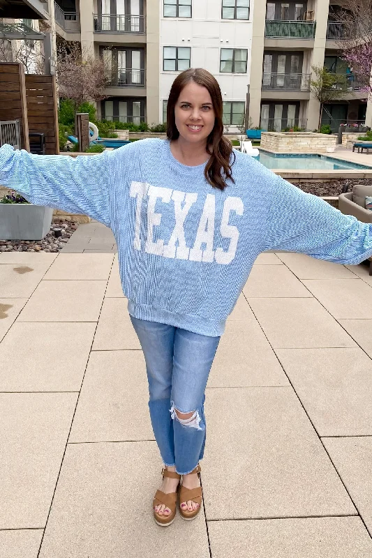 Texas Corduroy Graphic Sky Blue Sweater Zippered Buttoned Snapped