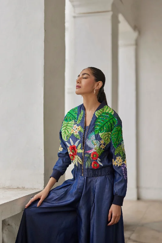 Denim Buda Embroidered Jacket And Palazzo Pants And Bustier Set Trendy Printed Leggings Denim Buda Embroidered Jacket And Palazzo Pants And Bustier Set Trendy Printed Leggings